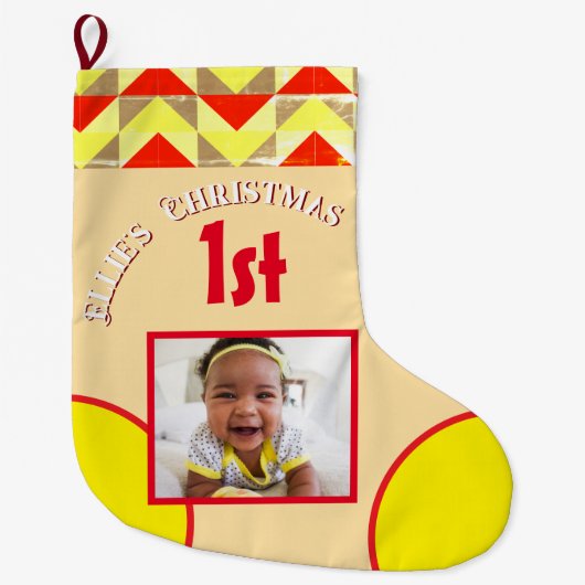 Baby's 1st Christmas 1 Photo Geometric Yellow Red Grote Kerstsok (Voorkant)