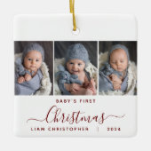 Baby's 1st Christmas 3 Foto Bourgondië Rood Script Keramisch Ornament (Voorkant)