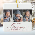 Baby's 1st Christmas 3 Foto Bourgondië Rood Script Keramisch Ornament<br><div class="desc">Help ze de eerste kerst van hun kleinkind te herdenken met dit prachtige moderne souvenir ornament. De bordeauxrode tekst leest "Baby's eerste kerst", met het woord "Kerstmis" in een elegant handschrift met bloeit voor en na. Vervang de drie afbeeldingen met je favoriete foto's en voeg de naam van de baby...</div>