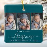 Baby's 1st Christmas Blauwgroen Blue 3 Photo Scrip Keramisch Ornament<br><div class="desc">Help ze de eerste kerst van hun kleinkind te herdenken met dit prachtige moderne souvenir ornament. De witte tekst luidt "Baby's first Christmas", met het woord "Christmas" in een elegant handschrift met bloeit voor en na op een blauwgroen blauwe achtergrond. Vervang de drie afbeeldingen met je favoriete foto's en voeg...</div>