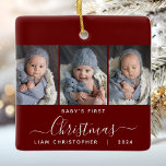 Baby's 1st Christmas Bourgondië Red 3 Photo Script Keramisch Ornament<br><div class="desc">Help ze de eerste kerst van hun kleinkind te herdenken met dit prachtige moderne souvenir ornament. De witte tekst leest "Baby's eerste kerst", met het woord "Kerstmis" in een elegant handschrift met bloeit voor en na op een bordeauxrode achtergrond. Vervang de drie afbeeldingen met je favoriete foto's en voeg de...</div>