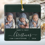 Baby's 1st Christmas Dark Green 3-fotoscript Keramisch Ornament<br><div class="desc">Help ze de eerste kerst van hun kleinkind te herdenken met dit prachtige moderne souvenir ornament. De witte tekst leest "Baby's eerste kerst", met het woord "Kerstmis" in een elegant handschrift met bloeit voor en na op een donkergroene achtergrond. Vervang de drie afbeeldingen met je favoriete foto's en voeg de...</div>