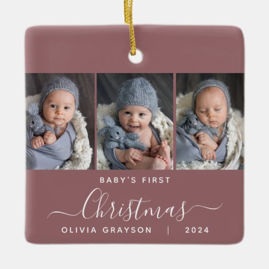 Baby's 1st Christmas Dusty Roos 3 Photo Script Keramisch Ornament (Voorkant)