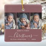 Baby's 1st Christmas Dusty Roos 3 Photo Script Keramisch Ornament<br><div class="desc">Help ze de eerste kerst van hun kleinkind te herdenken met dit prachtige moderne souvenir ornament. De witte tekst luidt "Baby's first Christmas", met het woord "Christmas" in een elegant handschrift met bloeit voor en na op een stoffige rozen achtergrond. Vervang de drie afbeeldingen met je favoriete foto's en voeg...</div>