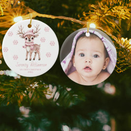 Babys 1st Christmas Photo Pink Snowflakes Woodland Keramisch Ornament