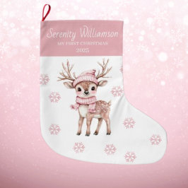Babys 1st Christmas Pink Snowflakes Deer Woodland  Grote Kerstsok