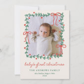 Baby's 1st Christmas Red Bows Greenery 4 Photo Feestdagenkaart (Voorkant)