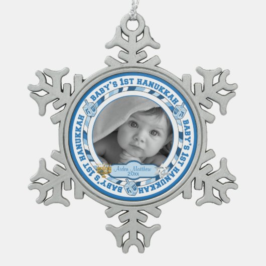 Baby's 1st Hanukkah Foto naam Dreidels Tin Sneeuwvlok Ornament (Voorkant)