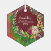 Babys 1st kerstfeest Waterverf Flora WreatCustom Glas Ornament (Voorkant)