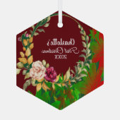 Babys 1st kerstfeest Waterverf Flora WreatCustom Glas Ornament (Achterkant)