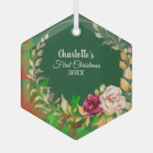 Babys 1st Kerstmis Waterverf Floral Wreatgreen Glas Ornament (Voorkant)