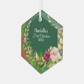 Babys 1st Kerstmis Waterverf Floral Wreatgreen Glas Ornament (Voorkant links)