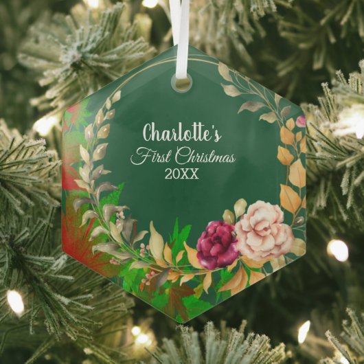 Babys 1st Kerstmis Waterverf Floral Wreatgreen Glas Ornament (Insitu)
