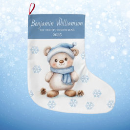 Baby's 1ste kerstmis blauwe sneeuwvlokken beer  grote kerstsok