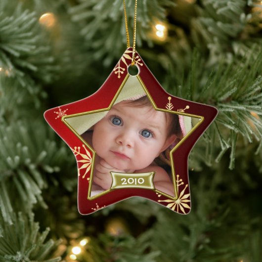 Baby's 1ste kerstmis rood en goud fotolijstje keramisch ornament (Boom)