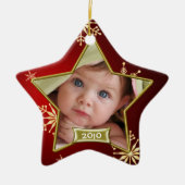 Baby's 1ste kerstmis rood en goud fotolijstje keramisch ornament (Voorkant)