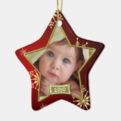 Baby's 1ste kerstmis rood en goud fotolijstje keramisch ornament (Links)