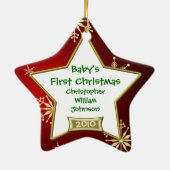 Baby's 1ste kerstmis rood en goud fotolijstje keramisch ornament (Achterkant)