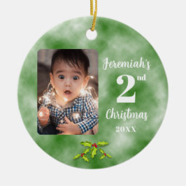 Baby's 2e kerst één foto rond groen keramisch ornament