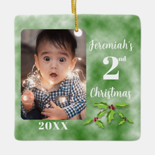 Baby's 2e kerst één fotoplein keramisch ornament (Voorkant)