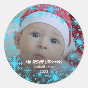 Baby's 2e Kerstmis Blauwe Sneeuwvlok Ronde Sticker