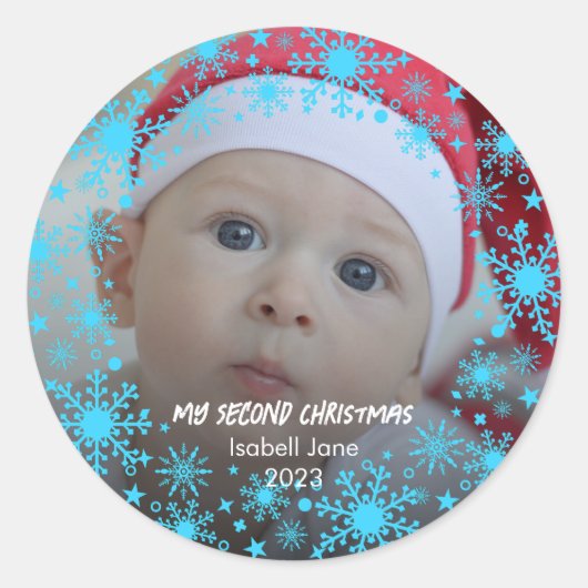 Baby's 2e Kerstmis Blauwe Sneeuwvlok Ronde Sticker (Voorkant)