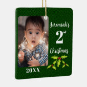 Baby's 2e Kerstmis Groene Faux Stof Keepsake Keramisch Ornament (Rechts)