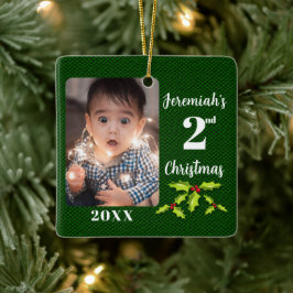 Baby's 2e Kerstmis Groene Faux Stof Keepsake Keramisch Ornament
