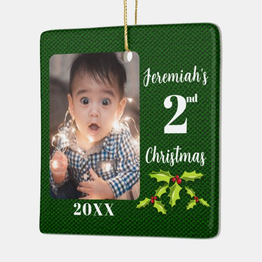 Baby's 2e Kerstmis Groene Faux Stof Keepsake Keramisch Ornament (Links)