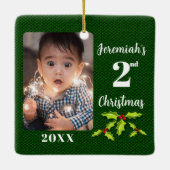 Baby's 2e Kerstmis Groene Faux Stof Keepsake Keramisch Ornament (Achterkant)