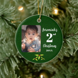 Baby's 2e Kerstmis Groene Faux Stof Rond Keramisch Ornament