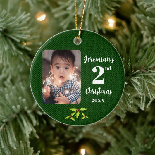 Baby's 2e Kerstmis Groene Faux Stof Rond Keramisch Ornament (Boom)