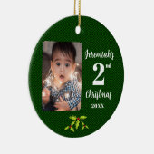 Baby's 2e Kerstmis Groene Faux Stof Rond Keramisch Ornament (Rechts)