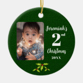 Baby's 2e Kerstmis Groene Faux Stof Rond Keramisch Ornament (Voorkant)