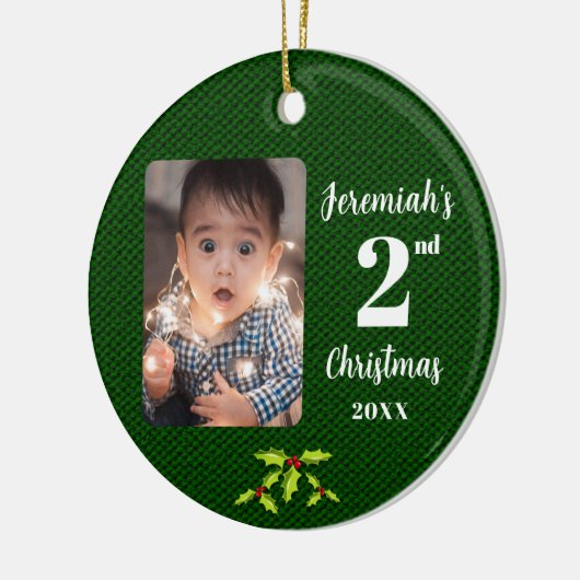 Baby's 2e Kerstmis Groene Faux Stof Rond Keramisch Ornament (Links)
