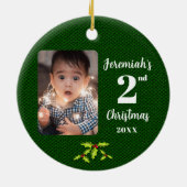 Baby's 2e Kerstmis Groene Faux Stof Rond Keramisch Ornament (Achterkant)