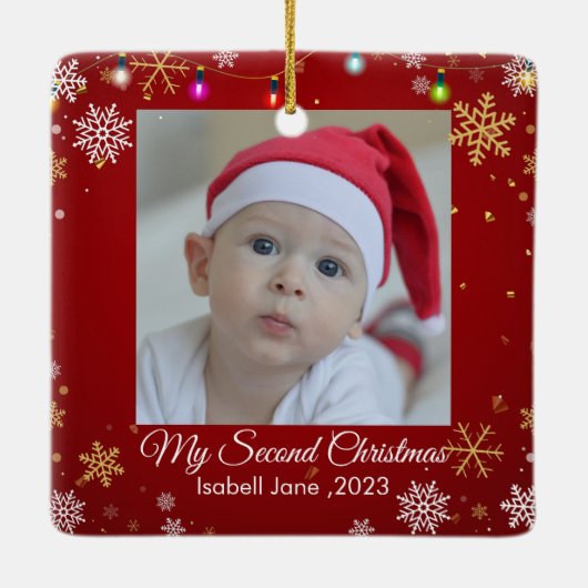 Baby's 2e Kerstmis Rode Sneeuwvlok Ornament (Achterkant)