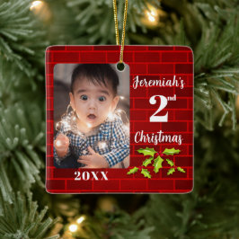 Baby's 2e Kerstmis Rode Steen Keepsake Keramisch Ornament