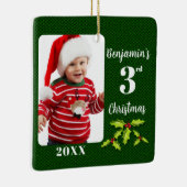 Baby's 3e Kerstmis Groene Faux Stof Keepsake Keramisch Ornament (Rechts)