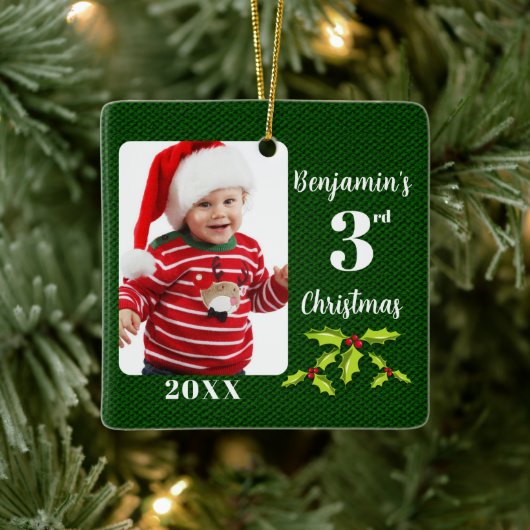 Baby's 3e Kerstmis Groene Faux Stof Keepsake Keramisch Ornament (Boom)