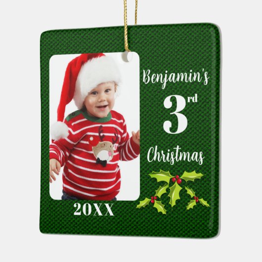 Baby's 3e Kerstmis Groene Faux Stof Keepsake Keramisch Ornament (Links)