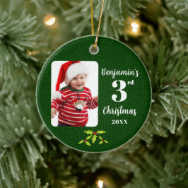 Baby's 3e Kerstmis Groene Faux Stof Rond Keramisch Ornament