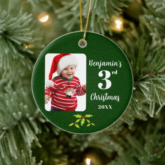 Baby's 3e Kerstmis Groene Faux Stof Rond Keramisch Ornament (Boom)