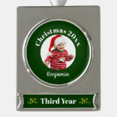 Baby's 3e kerstmis groene namaak stof aandenken verzilverd banner ornament (Voorkant)
