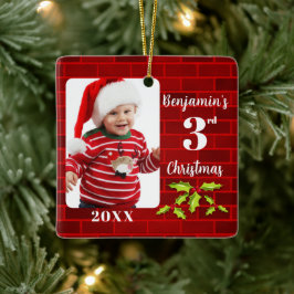 Baby's 3e Kerstmis Rode Steen Keepsake Keramisch Ornament