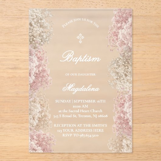 Baby's adem bloemen | babymeisje Doop Acryl Uitnodigingen (Voorkant)