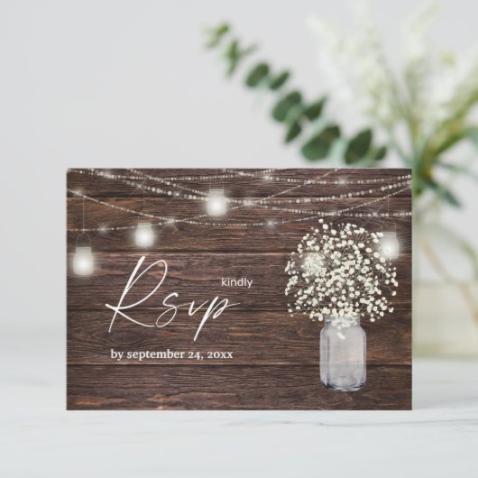 Baby's adem, Hout & String Lichten met meel RSVP Kaartje (Staand voorkant)