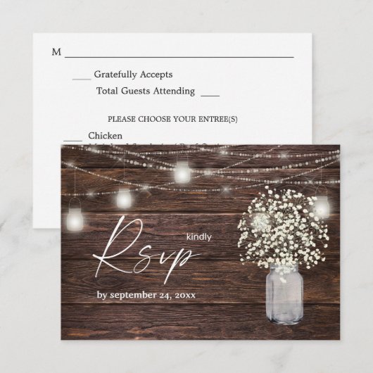 Baby's adem, Hout & String Lichten met meel RSVP Kaartje (Voorkant / Achterkant)