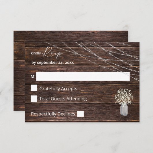 Baby's adem, Hout & String Lichten op Maalstaal RS RSVP Kaartje (Voorkant / Achterkant)