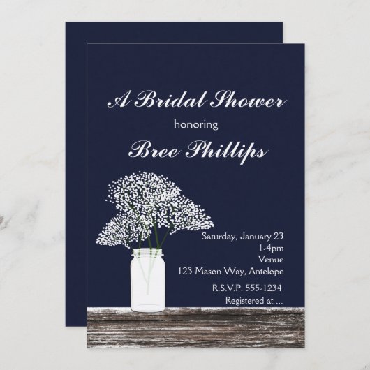Baby's adem in Mason Jar Rustic Blue Invitations Kaart (Voorkant / Achterkant)